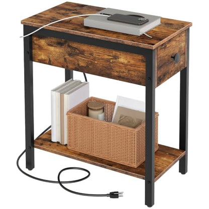 HOOBRO End Table with Charging Station, Narrow Side Table, Small Nightstand, Bedside Tables with Drawer and Storage Shelves, for Small Spaces, Living Room, Bedroom, Rustic Brown and Black BF041BZ01G1 - color: Rustic Brown+black