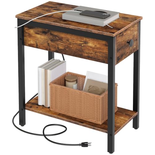 HOOBRO End Table with Charging Station, Narrow Side Table, Small Nightstand, Bedside Tables with Drawer and Storage Shelves, for Small Spaces, Living Room, Bedroom, Rustic Brown and Black BF041BZ01G1 - color: Rustic Brown+black