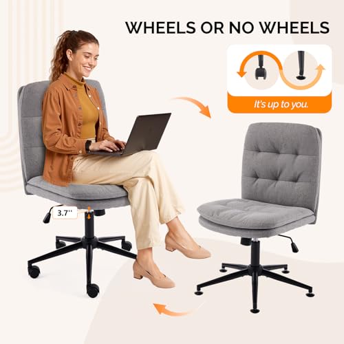 VINGLI Mid Back Armless Office Desk Chair with Wheels/no Wheels,360°Rocking Swivel Vanity Chair with Thickened Cushion,Adjustable Height Rolling for Reading Room, Make up, Linen Dark Grey - color: Dark Grey