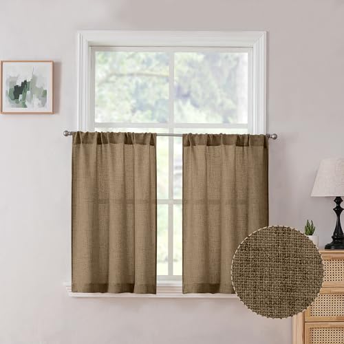 Tollpiz Short Linen Tier Curtains Rod Pocket Semi Sheer Half Kitchen Curtain Burlap Light Filtering Thick Linen Drapes for Bathroom, 30 x 24 inches Long, Brown, Set of 2 Panels - color: Brown, size: 30"W x 24"L (Pack of 2)