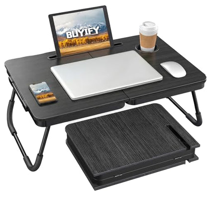 BUYIFY 23.4" Foldable Lap Desk Bed Table with Cup Holder Tray Black | Portable Folds Flat for Easy Storage, No Assembly Laptop Bed Desk, Sturdy and Lightweight, Patent Design - color: Black