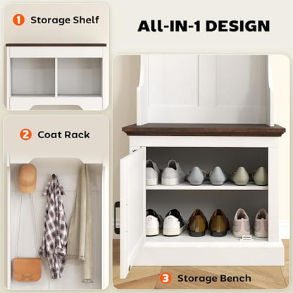 HOMCOM 3-in-1 Hall Tree with Shoe Storage, Shoe Bench, White Wood Grain | Standing Coat Rack, Entryway Furniture, Three Hooks - color: White Wood Grain