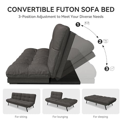 Vipbear Convertible Futon Sofa Bed,Grey Linen Futon Couch with Detachable Cushion,Adjustable Backrest & Armrest,Modern Small Recliner Loveseat Sleeper Couch for Living Room,Office,Apartment
