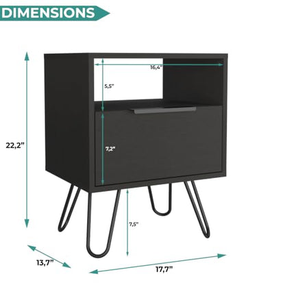 Tuhome Augusta Nightstand, Small Night Stand with Storage Drawer & Open Shelf, 22.2" Tall Narrow Bedside Table on Metal Hairpin Legs, Engineered Wood, Black or Light Oak - color: Black