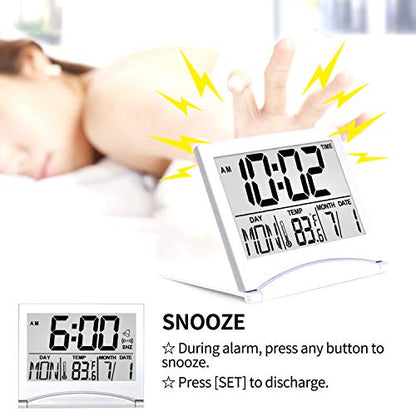 Betus Digital Travel Alarm Clock - Foldable Calendar Temperature Timer LCD Clock with Snooze Mode - Large Number Display, Battery Operated - Compact Desk Clock(Silver, No Backlight) - color: Silver