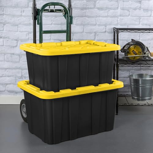 27 Gallon Plastic Storage Container with Snap-On Lid, Heavy-Duty Industrial Tote, Black and Yellow, 28.5x19.6x15.5 Inches, 6 Pack (6, Black/Yellow)