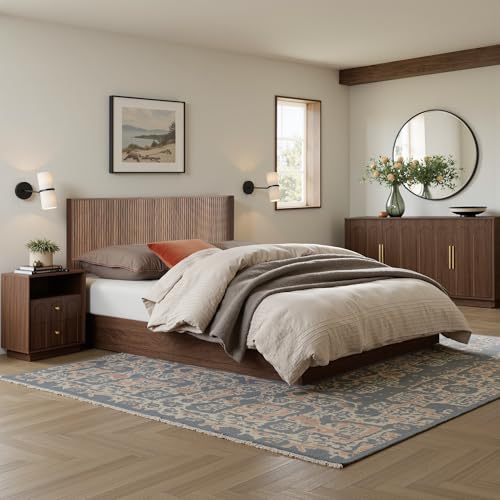 64.1" Queen Size Wood Headboard, Fluted Panel Headboard, Walnut | Mid Century Modern Head Board, Wall Mounted Headboards, Wingback Retro Style Head Board for Adjustable Bed, Easy to Assembly - color: Walnut, size: Queen
