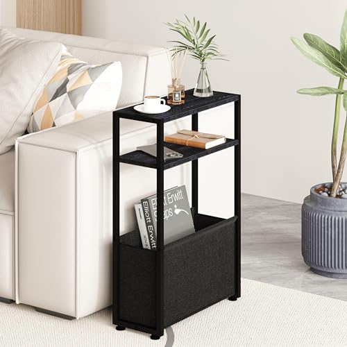 Leomonio Narrow Side Table, Slim Side Table with Magazine Rack, Bathroom Table for Small Spaces, Narrow Bedside Table for Living Room, Bedroom | with Magazine Rack - color: Black