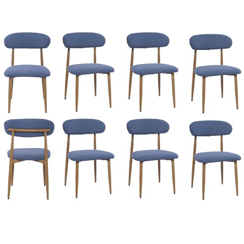 FREKEN Modern Upholstered Dining Chairs Set of 8, Mid-Century Metal Frame with Wood Grain, Linen Fabric Side Chair for Kitchen Dining Room, 350lbs Capacity, Blue - color: Blue - Wood Grain Legs, size: Set of 8