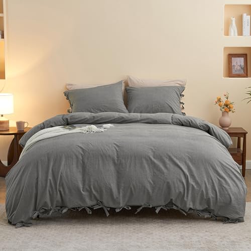 BISELINA 100% Washed Cotton Duvet Cover Set 3pcs with Bowknot Ties Strap Solid Color Linen Like Textured Durable Breathable Soft Comfy Chic Bedding (Oversized King, Dark Grey) - color: Dark Grey, size: Oversized King