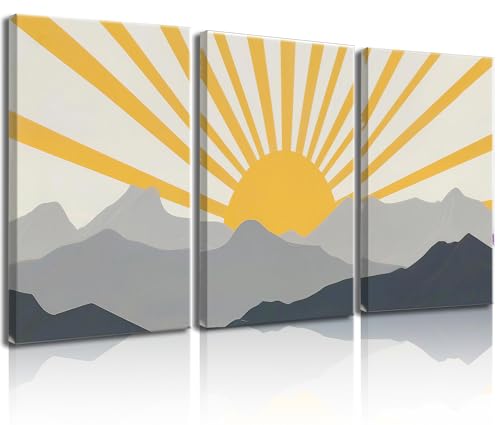 Frimeeme Modern Boho Sun Canvas Wall Art, Set of 3, Yellow and Gray Mountain Sunrise, 12x16 Inch Each, Framed - color: Framed - Sun Canvas Wall Art, size: 12"L x 16"W x 3Pieces