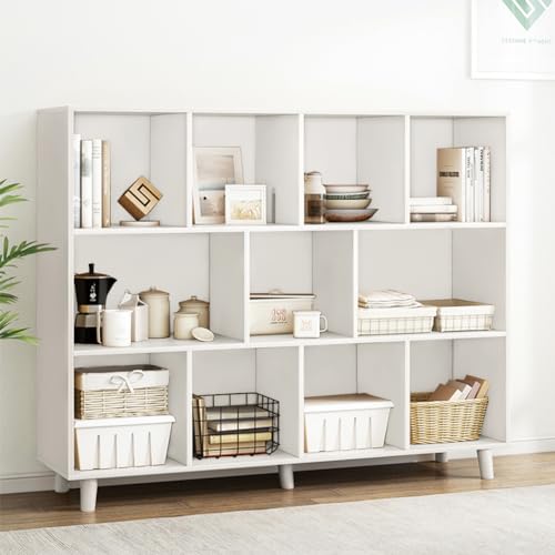 IOTXY Open Cubes Low Bookcase - 3-Tier 11-Cube Short Bookshelf in White | Nordic Minimalist Style, MDF Material, Solid Wood Legs, Deep Storage Cubes, Free Standing Wooden Cabinet Organizer Unit - color: White, size: 3-Tier 11-Cubes