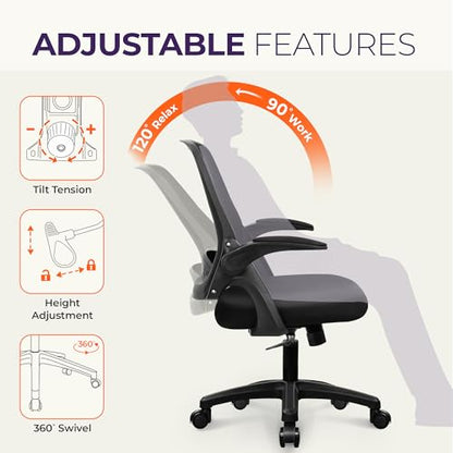 NEO CHAIR Office Desk Chair, Ergonomic Mesh with Flip-Up Arms, All Black | Lumbar Support, Height Adjustment, 360° Swivel and Rolling Base, Space-Saving Design for Home Office, Vanity or Study - color: All Black