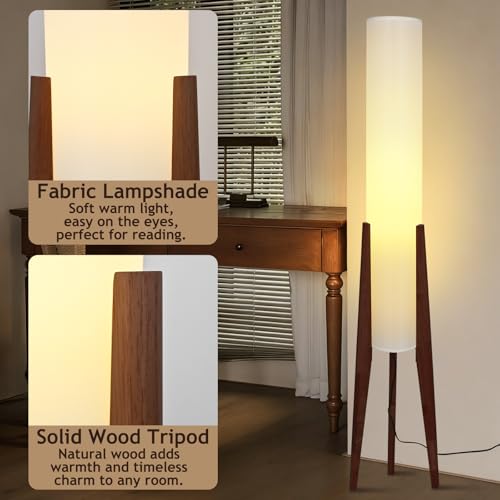 Wabi-Sabi 50" Wood Tripod Floor Lamp with Paper Lantern Inspired | Tall Linen Fabric Shade, E26 3-Color Temperatures Bulb Included, Foot Switch, Walnut Finish For Living Room, Bedroom, Office - color: Walnut