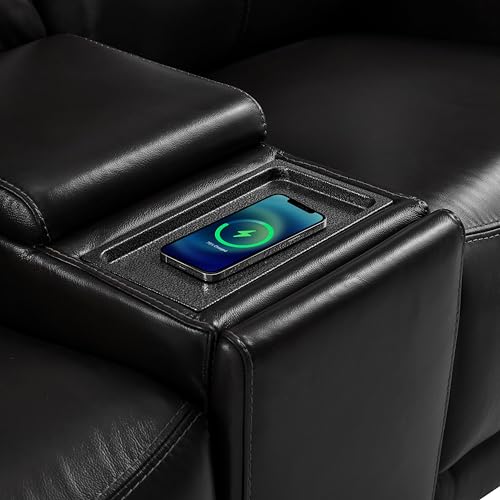 Watson & Whitely Wall Hugger Power Reclining Sofa with Console, Black | Genuine Leather Recliner Sofa, Power Headrests, Center Storage Console, Cup Holders, 3-Seater Couch, Living Room & RV - color: Black, style: 3 Seater Sofa (with console)