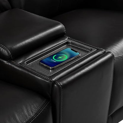Watson & Whitely Wall Hugger Power Reclining Sofa with Console, Black | Genuine Leather Recliner Sofa, Power Headrests, Center Storage Console, Cup Holders, 3-Seater Couch, Living Room & RV - color: Black, style: 3 Seater Sofa (with console)