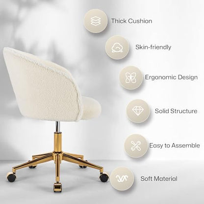 Faux Fur Makeup Vanity Chair,Home Office Desk Chair with Wheels, Blue | Fluffy Swivel Modern Armchair Upholstered Fuzzy Height Adjustable for Teens Women Girls Elegant for Living Room Bedroom - color: Round White+golden Base