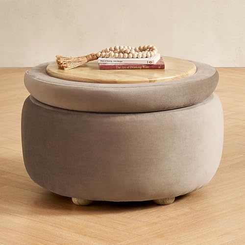 mopio Luna Round Ottoman with Storage and Tray, Round Coffee Table with Storage, Upholstered Foot Stools Ottoman for Living Room, Bedroom, with Solid Rubberwood Legs (Mocha Brown Premium Velvet) - color: Brown Velvet, Round