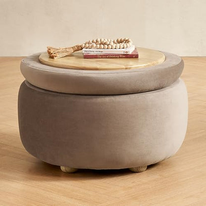mopio Luna Round Ottoman with Storage and Tray, Round Coffee Table with Storage, Upholstered Foot Stools Ottoman for Living Room, Bedroom, with Solid Rubberwood Legs (Mocha Brown Premium Velvet) - color: Brown Velvet, Round