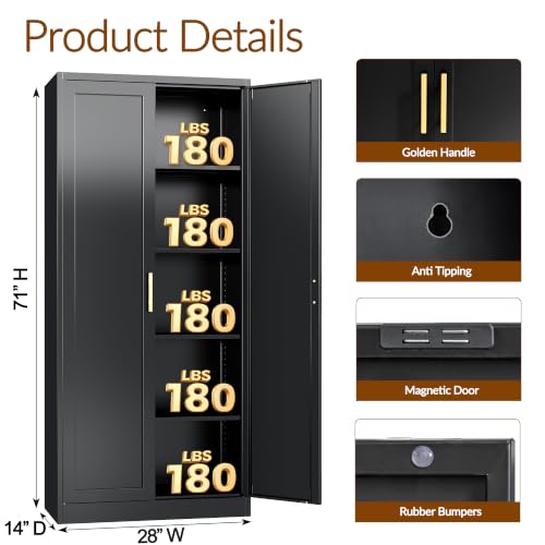CJF Black Kitchen Pantry Cabinet,71" Tall Metal Storage Cabinet with 4 Adjustable Shelves and Doors, Freestanding Pantry Cabinet for Kitchen, Living Room, Dining Room, Bathroom, Easy to Assemble - color: Black, size: 71"Hx 28"Wx 14"D-0Drawer