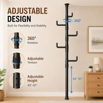 Floor to Ceiling Clothes Drying Rack, Adjustable Tension Pole Laundry Rack for Balcony. Vertical Coat Hanger Stand for Bathroom Bedroom, No Drilling Easy Install Space Saving (Black) - color: Black