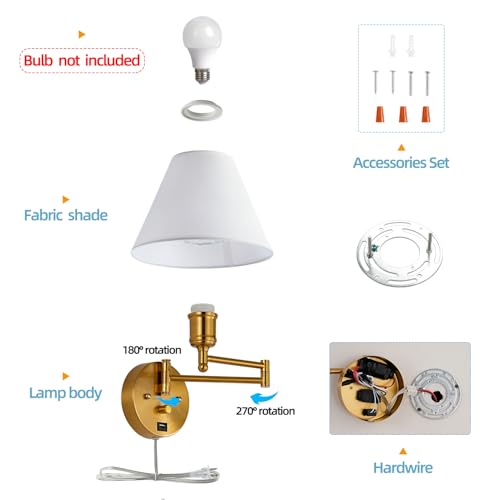Swing Arm Wall Sconces, Plug-in Wall lamp,Bedroom Wall lamp ， White Fabric Shade，，with dimmable Switch and USB Charging Port, Suitable for Bedside, Living Room, Reading (Golden) - color: Golden