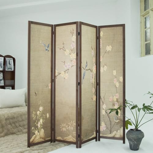 4 Panel Bamboo Room Divider, 5.6 ft Tall Double Sided Folding Privacy Screen for Room Separation, Premium Thickened Wood Frame Wall Divider, Colourful Plum (67" H x 63" W) - color: Colourful Plum, size: 4 Panel