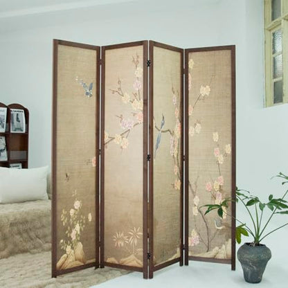 4 Panel Bamboo Room Divider, 5.6 ft Tall Double Sided Folding Privacy Screen for Room Separation, Premium Thickened Wood Frame Wall Divider, Colourful Plum (67" H x 63" W) - color: Colourful Plum, size: 4 Panel
