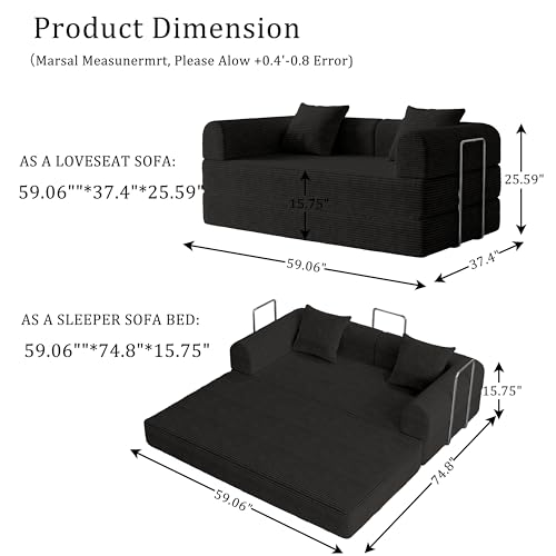 59" Boneless Couch,4-in-1 Futon Sofa Bed Modular Loveseat Sleeper Folding Compressed Couch with Pillows,No Assembly Required Convertible Sofa Bed for Living Room Bedroom Guest Room,Black - color: Black, size: 59.06" Loveseat Sofa