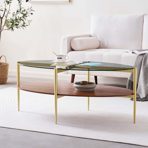 LumFurn Oval Glass Coffee Table, Surfboard Shaped Mid-Century Modern for Living Room, L43xW22xH17inch, Clear Glass and Walnut Finish Wood, Gold Finish Frame - color: Oval L43" Clear & Walnut