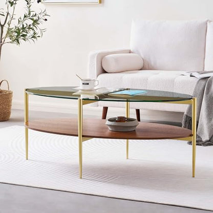 LumFurn Oval Glass Coffee Table, Surfboard Shaped Mid-Century Modern for Living Room, L43xW22xH17inch, Clear Glass and Walnut Finish Wood, Gold Finish Frame - color: Oval L43" Clear & Walnut