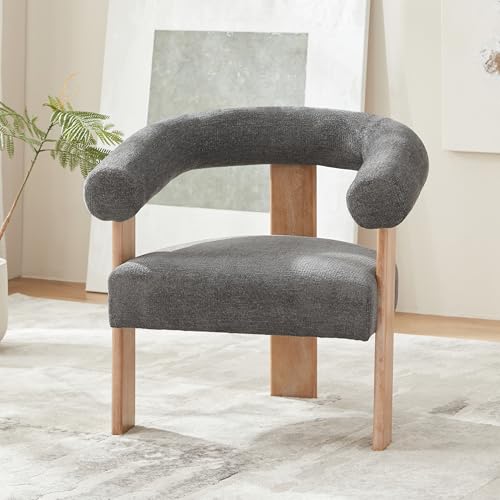 VKNOW Barrel Accent Chair, Vanity Chair with Armrests and Rubberwood Legs | Mid Century Modern Upholstered Living Room Chairs with Open Back, Chenille Fabric, for Living Room, Bedroom, Dark Gray - color: Dark Gray, size: Set of 1