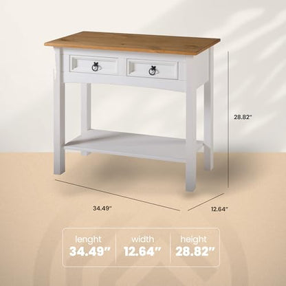 Solid Wood Hall Table with 2 Drawers 34.4" W, 12.6" D, 28.8" H - Console Table with Fixed Lower Shelf, Farmhouse Hallway Foyer, Office, Bedroom - color: White