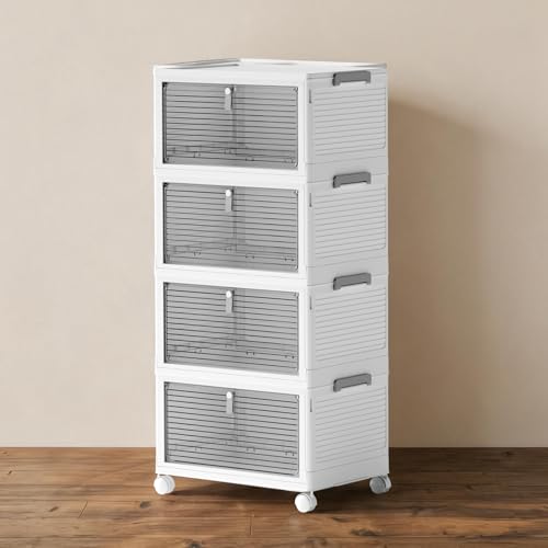 23QT Stackable Storage Bins with Lids and Wheels, 4 Tier 92QT Foldable Plastic Storage Drawers with Magnetic Doors, 4 Pack Collapsible Closet Organizer for Bedroom Office, White