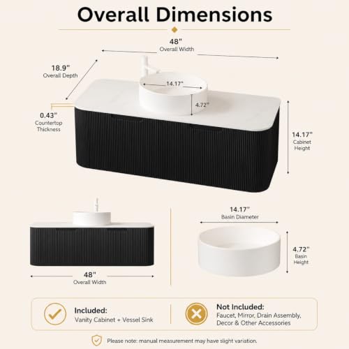 48" Floating Bathroom Vanity with Sink, Wall Mounted Plywood Cabinet, Black Fluted Front, Sintered Stone Countertop, White Round Ceramic Vessel Sink, Soft-Close Drawer, Pre-Assembled - color: Black Cabinet / White Sink, size: 48 Inch