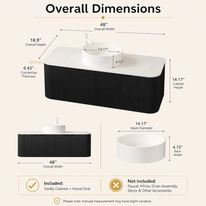 48" Floating Bathroom Vanity with Sink, Wall Mounted Plywood Cabinet, Black Fluted Front, Sintered Stone Countertop, White Round Ceramic Vessel Sink, Soft-Close Drawer, Pre-Assembled - color: Black Cabinet / White Sink, size: 48 Inch