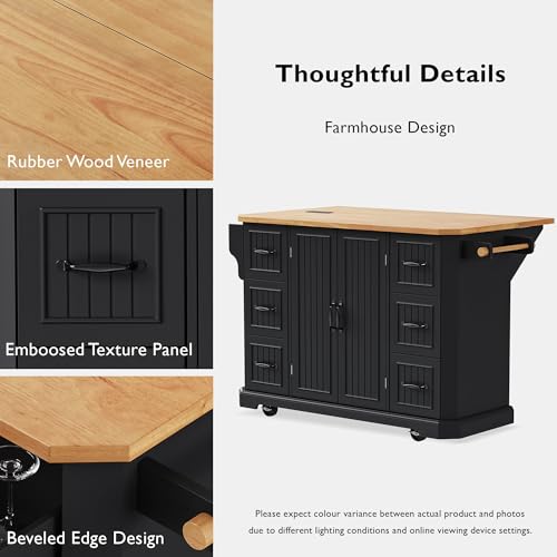 Rustic Rolling Kitchen Island with Drop Leaf, Built-in Charging Station & 6 Deep Drawers, 47" Farmhouse Mobile Cart for Dormitories, Offices, Bedrooms (Black/R1) - color: Black/R1