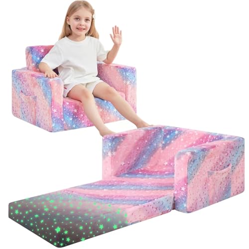 lasoftan Toddler Couch, 2-in-1 Soft Kids Couch Bed Fold Out, Toddler Chairs Comfy for Boys & Girls, Convertible Kids Sofa to Lounge for Playroom, Gift for Birthday, Children's Day- Glow Star - color: Glow Star