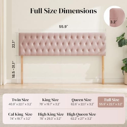 Tufted Upholstered Full Size Bed Headboard in Modern Button Design, Adjustable Solid Wood Head Board, Premium Velvet Fabric Padded Headboards in Bedroom (Pink) - color: Pink, size: Full