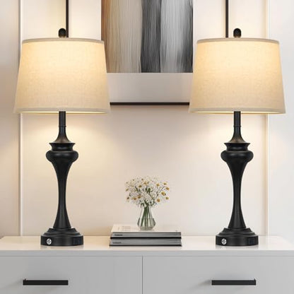 Rinweey 30" Black Tall Table Lamps for Living Room, Touch Control Bedside Lamp with USB A+C Ports, 3-Way Modern Bedroom Table Lamps Set of 2, Elegant Metal Lamp for Nightstand Desk Side Table Office - color: Black-30”H