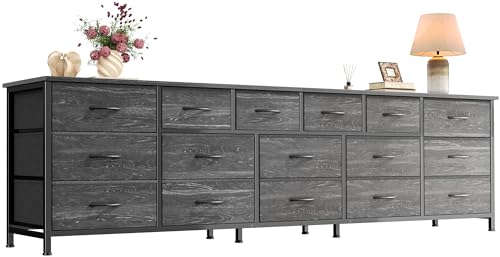 Huuger 77.6" Long Dresser for Bedroom, 16 Drawer Fabric Dresser for Closet, Wide Chest of Drawers with Storage, TV Stand for 65, 75, 85 Inch TV, 77.6" W x 13" D x 26.4" H, Charcoal Black - color: Charcoal Black Wood Grain Print