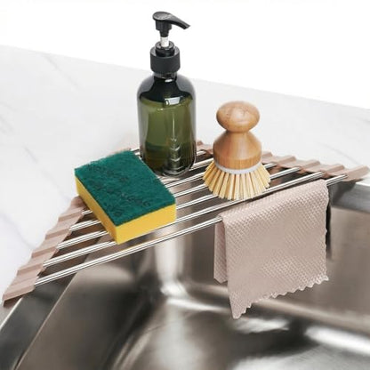 Tomorotec Triangle Roll Up Dish Drying Rack 304 Stainless Steel Beige | BPA-Free Food-Grade Silicone Edges Foldable Waterproof Rustproof Heavy-Duty Space Saver Heat Resistant to 550°F - color: Light Coffee Color
