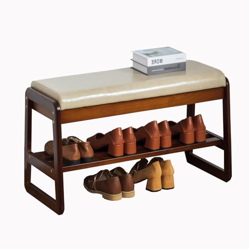 latifolia Solid Wood Bench, Entryway Shoe Bench with Cushion, 2 Tier Shoe Storage Organizer for Hallway, Living Room(Grey,31.50''L) - color: Grey, size: 31.50''L