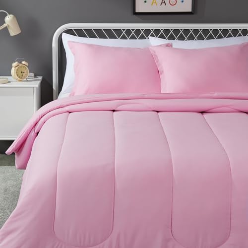 Amazon Basics 3-Piece Soft Microfiber Kid's Comforter and Pillow Sham Set, Full/Queen, Light Pink, Solid - color: Light Pink, size: Full/Queen