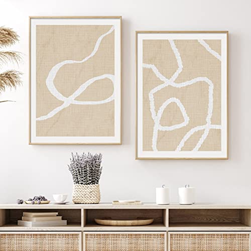White and Beige Abstract Wall Art Boho Line Poster Beige Abstract Painting Abstract Shapes Canvas Geometric Minimalist Art Prints Modern Line Wall Art for Living Room Bedroom 16x24inchx2 Frameless - color: White and Beige Abstract Wall Art