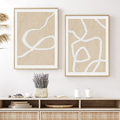 White and Beige Abstract Wall Art Boho Line Poster Beige Abstract Painting Abstract Shapes Canvas Geometric Minimalist Art Prints Modern Line Wall Art for Living Room Bedroom 16x24inchx2 Frameless - color: White and Beige Abstract Wall Art