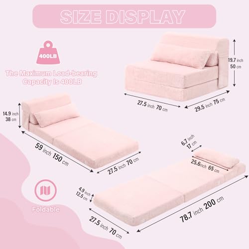 Convertible Folding Sofa Bed Single Size for Adults with Pillow, Plush Fabric Floor Mattress Couch Bed, Washable Cover & Side Pocket, Guest Room, Dorm, Apartment, Living Room, Pink - color: Plush Pink, size: Single Size