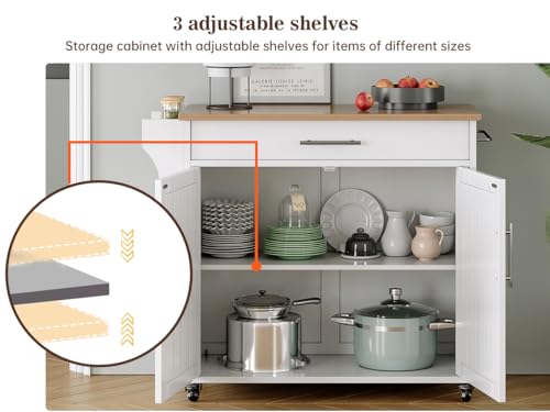 Kitchen Storage Island, Wooden Rolling Island On Wheels with Wood Top, Mobile Kitchen Island Cart with Towel Rack, Spice Rack and Drawers, White - color: White