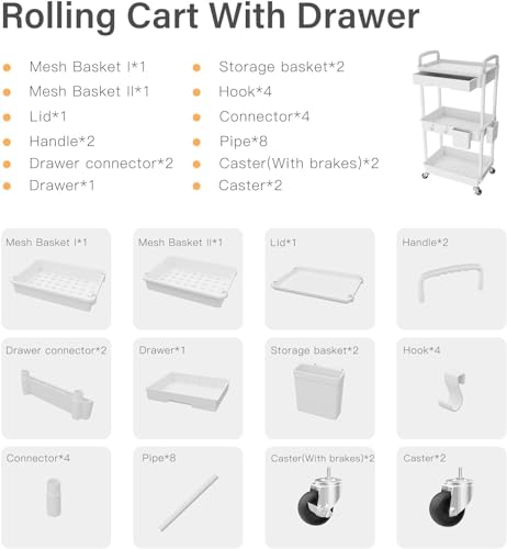 Sorgion 3 Tier Rolling Cart Organizer,Laundry Room Bathroom Organizers and Storage Office Shelves Mobile Shelving Unit Kitchen Trolley Cart with Wheels for Art,Craft,Diaper,Bedside,Snack(White) - size: 3Tier-White