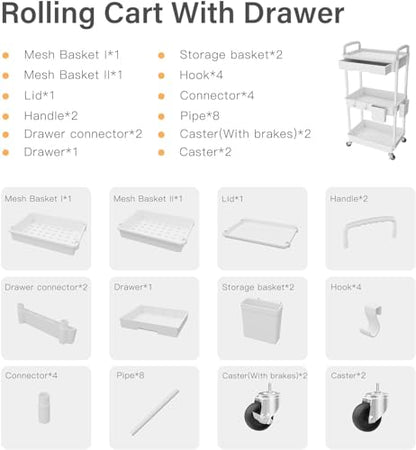 Sorgion 3 Tier Rolling Cart Organizer,Laundry Room Bathroom Organizers and Storage Office Shelves Mobile Shelving Unit Kitchen Trolley Cart with Wheels for Art,Craft,Diaper,Bedside,Snack(White) - size: 3Tier-White